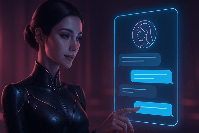 AI girlfriend interacting via holographic chat interface on Lovefy app