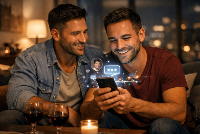 Gay AI companion concept showing two men interacting with a smartphone in a relaxed home environment.